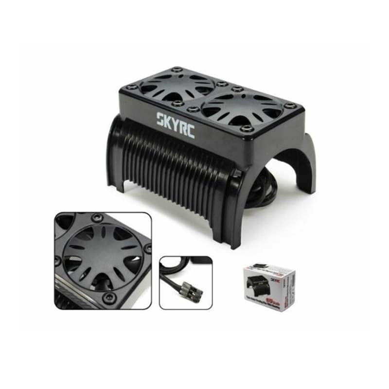 The SKYRC twin motor cooling fan with housing fits 1/5 scale motor with diameter of 55/56mm and power connector can plug directly into any open channel of the receiver or BEC