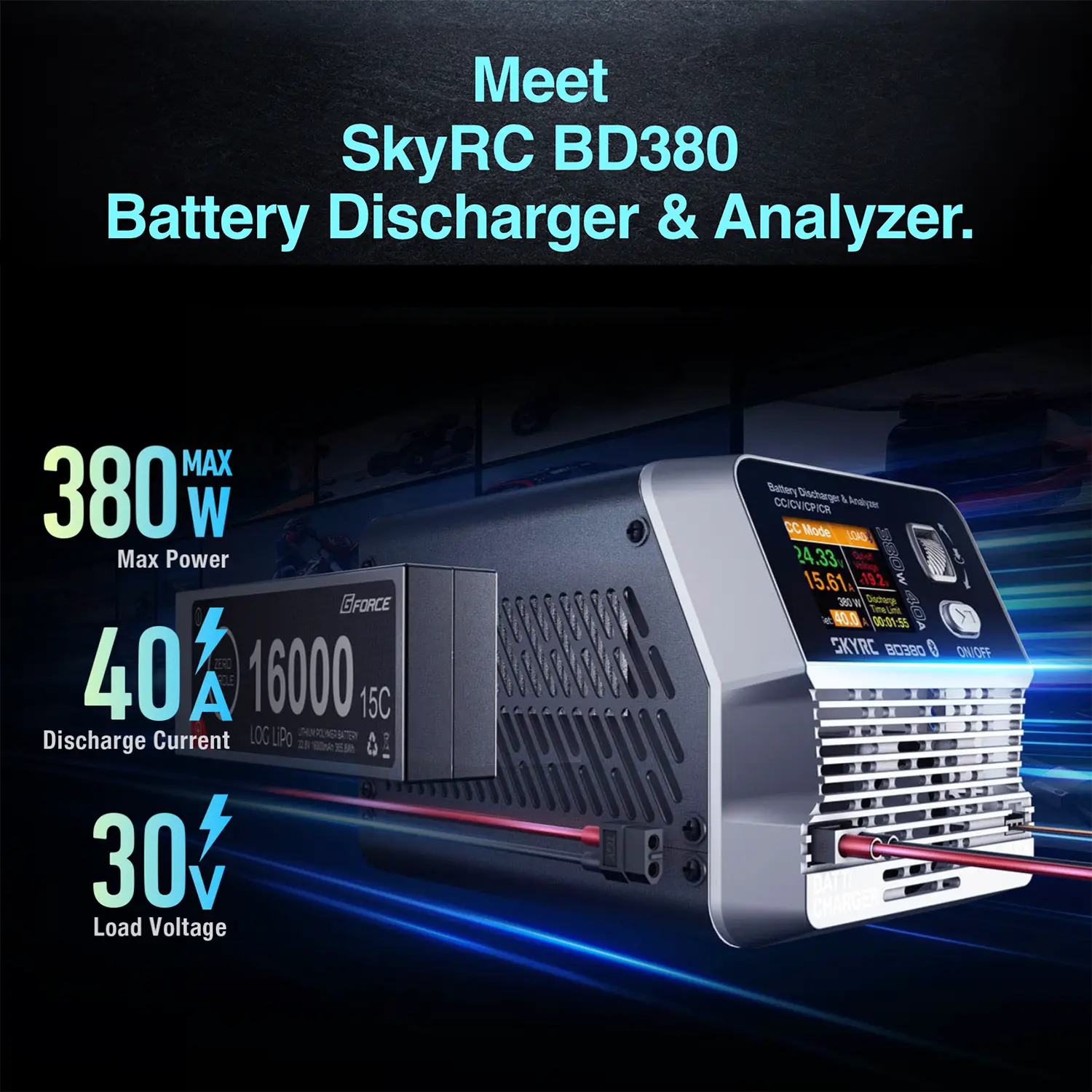 Battery Discharger and Analyzer for 1-8S RC LiPo Battery, Max Power of 380W and 40A Discharge Current, Precise Measurement of Battery Capacity. Easy-to-Use PC Software for Data Analysis.